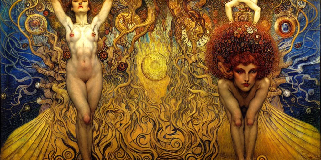 Image similar to Divine Chaos Engine by Karol Bak, Jean Delville, William Blake, Gustav Klimt, and Vincent Van Gogh, symbolist, visionary