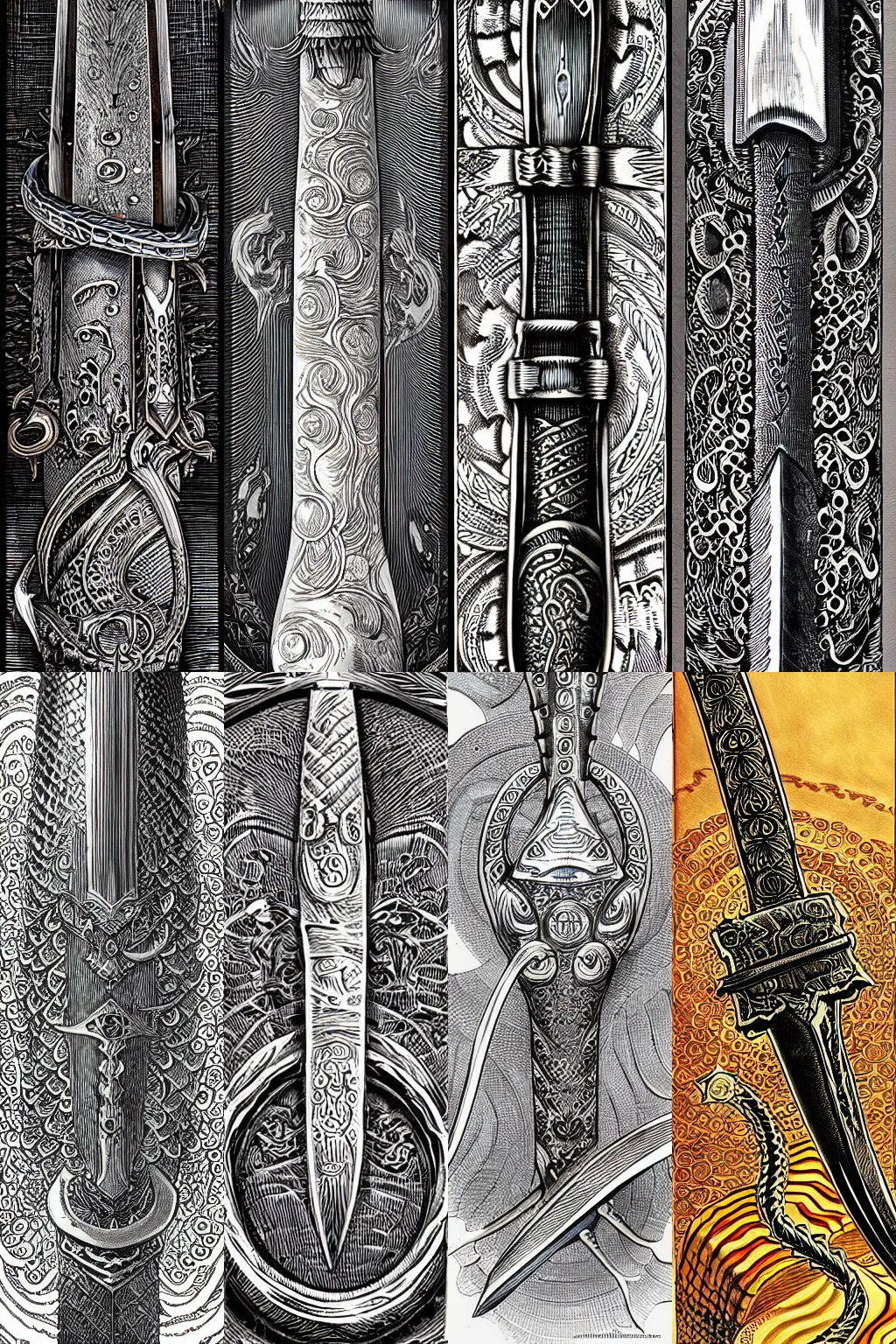 Prompt: highly detailed elden ring illustration of a damascus sword engraved with symbols, hyperrealistic clean shaped illustration by ron english and eiichiro oda