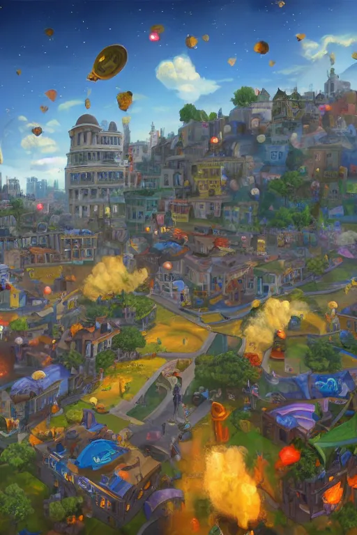 Image similar to ! dream hyperrealistic photo of a city of love, bombs are falling from the sky, medium angle, in the style of hearthstone game