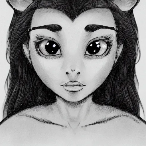 Image similar to headshot of young female furry, D&D, cute, fantasy, intricate, long hair, dark grey skin, mouse face, mouse nose, dark skin, mouse head, mouse ears, black hair, elegant, highly detailed, cartoony, artstation, concept art, smooth, sharp focus, illustration, art by Diives