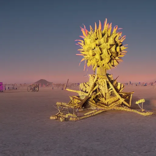 Prompt: highly detailed 3d render of burning man festival sculpture with cornflowers