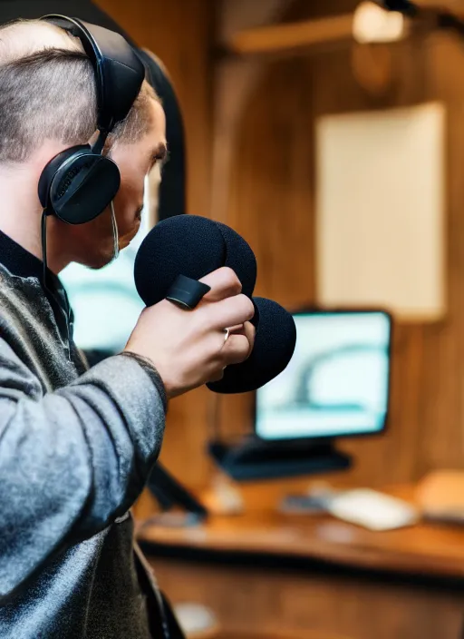 Image similar to photograph of saint aquinas recording a podcast wearing headphones 8k UHD detailed 85mm CANON EOS