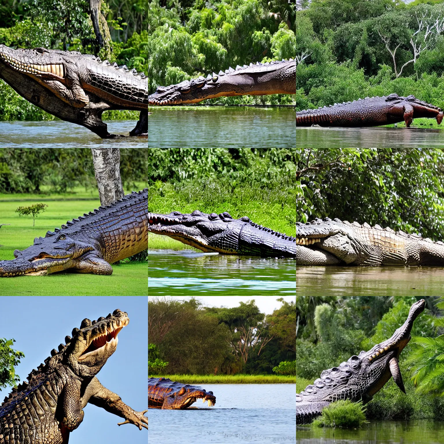 Prompt: Long shot of large crocodile on the tree