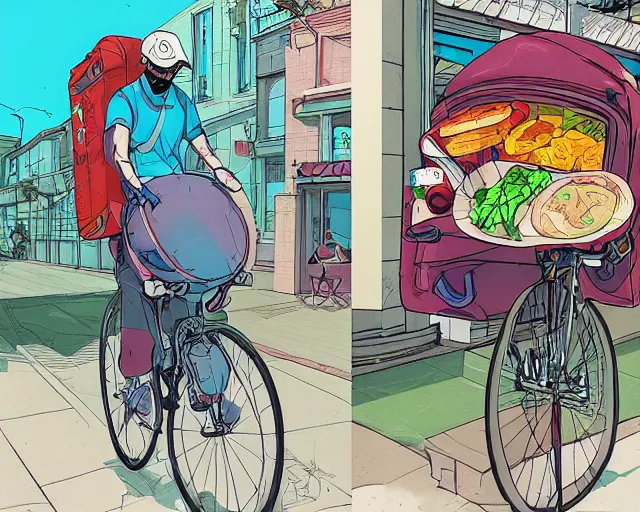 Prompt: a study of cell shaded cartoon of a food delivery cyclist with a big green backpack in front of a store, side view, illustration, picture from behind, vibrant colors, post grunge, concept art by josan gonzales and wlop, by james jean, Victo ngai, David Rubín, Mike Mignola, Laurie Greasley, highly detailed, sharp focus, alien, Trending on Artstation, HQ, deviantart, art by artgem