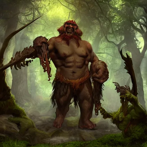 Prompt: giant ettin with two heads, ettin from dungeons and dragons, dnd in a dark forest, digital art, high quality render, artstation, 8 k, photograph quality, ultrahd