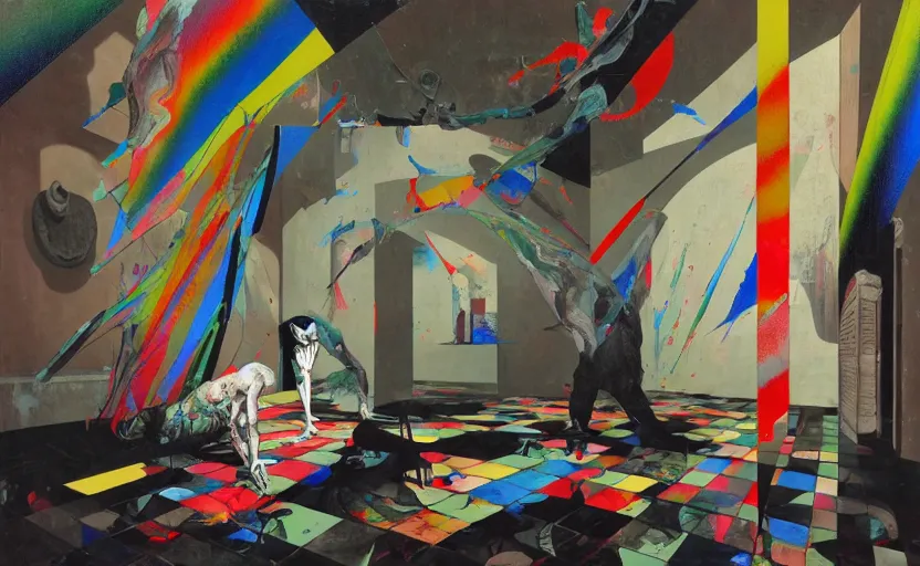 Image similar to decollage painting old man struggle in a room of old palace by adrian ghenie and takato yamamoto and edward hopper and mark ryden and tsutomu nihei, part by bridget riley, acrylic pour and splashing paint, very coherent, baroque elements, perfect anatomy, intricate design. pop art.