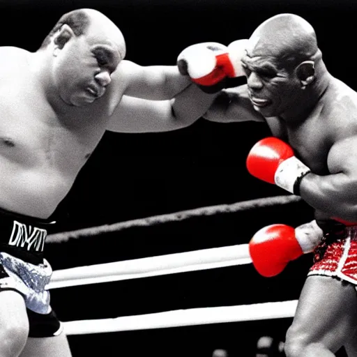 Image similar to danny devito fighting mike tyson in a boxing ring in the 1 9 8 0 s