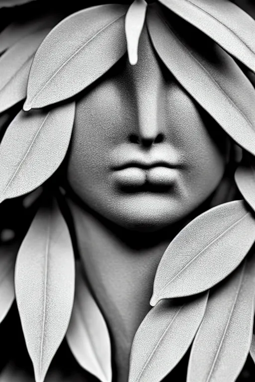 Prompt: monochrome close - up profile face black background beautiful young porcelain vegetal, dragon, cyborg, female 1 5 0 mm beautiful leaves, hyperdetailed, intricate, 8 k, low key