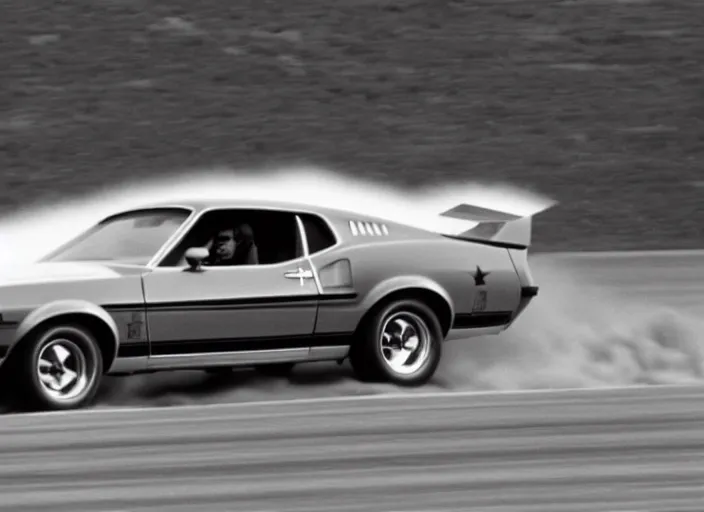 Prompt: a mustang mach 1 from 1 9 7 3 driving from a explosion