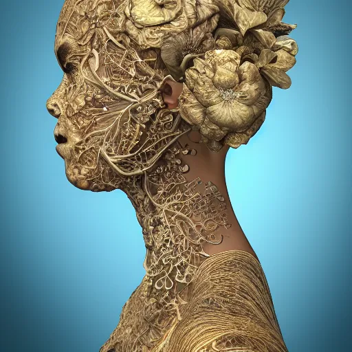 Image similar to beatifull face portrait of a woman, 150 mm, anatomical, flesh, flowers, mandelbrot fractal, facial muscles, veins, arteries, intricate, golden ratio, full frame, microscopic, elegant, highly detailed, ornate, ornament, sculpture, elegant , luxury, beautifully lit, ray trace, unreal, 3d, PBR, in the style of peter Gric , alex grey and Romero Ressendi