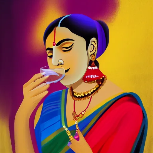 Prompt: indian woman sipping wine, highly detailed, lonely, diverse colors, 4 k, dynamic composition