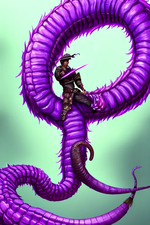 Image similar to male fighter slicing a giant purple worm in half, fantasy, intricate, elegant, highly detailed, digital painting, artstation, concept art, smooth, sharp focus, illustration