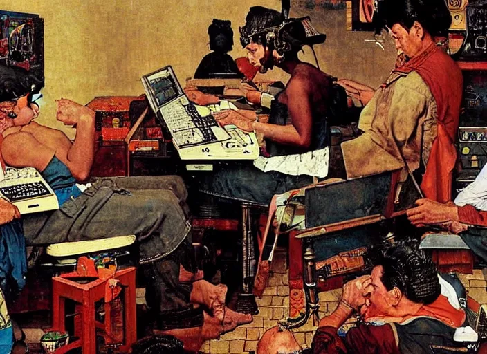 Image similar to Ancient Aztecs using computer at a lan house, Ancient, artwork by Norman Rockwell,