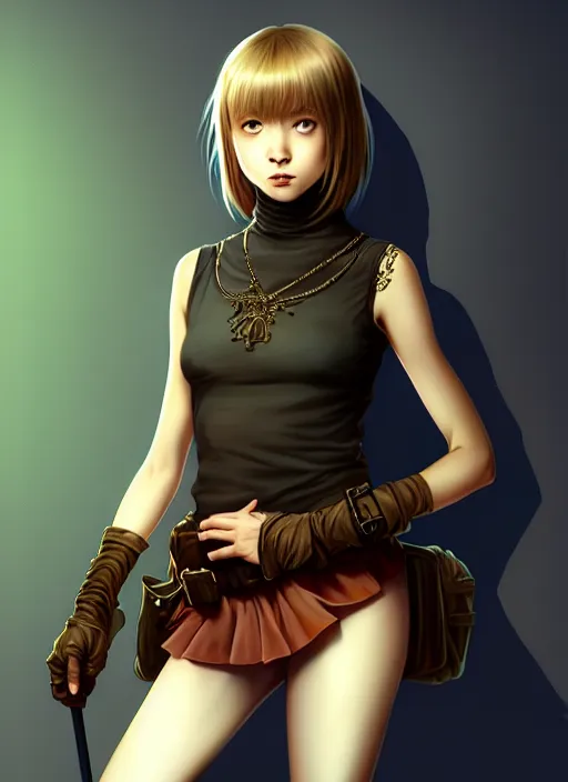Image similar to portrait of a full body of beautiful young female detective, d & d, sleeveless turtleneck, fantasy, flat lighting, intricate, highly detailed, digital painting, artstation, concept art, smooth, sharp focus, illustration, misa amane, art by simon bisley and greg rutkowski and alphonse mucha, natural tpose