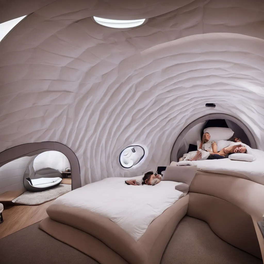 Image similar to inside cozy luxurious curved sleep-pod with wall to wall padding and sound system, XF IQ4, 150MP, 50mm, F1.4, ISO 200, 1/160s, dawn