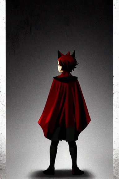 Image similar to little boy with cat ears in an black outfit with red cape. digital artwork made by lois van baarle and kentaro miura, sharpness focus, inspired by hirohiko araki, anatomically correct, heroic composition, hero pose, smooth, night city, illuminati