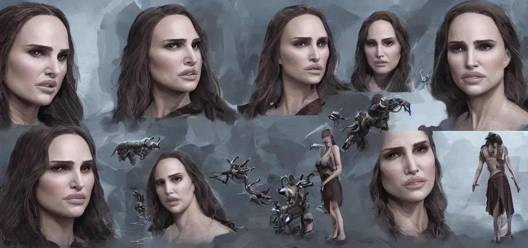 Prompt: character sheet concept art of natalie portman as a villain, realistic, hyperrealistic, photographic, costume, wlop, dan mumford, greg rutkowski, high detail, octane render, alexander mcqueen, james gurney, photo, 8 k, intricate