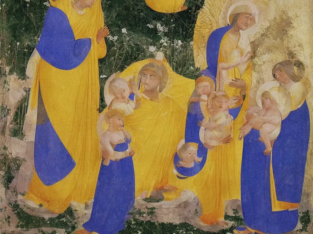 Prompt: Indian Woman dressed in yellow with 10 babies. Jasmine flower all over, garden outside with Cypresses. An angel is arranging the seashells. Painting by Fra Angelico.