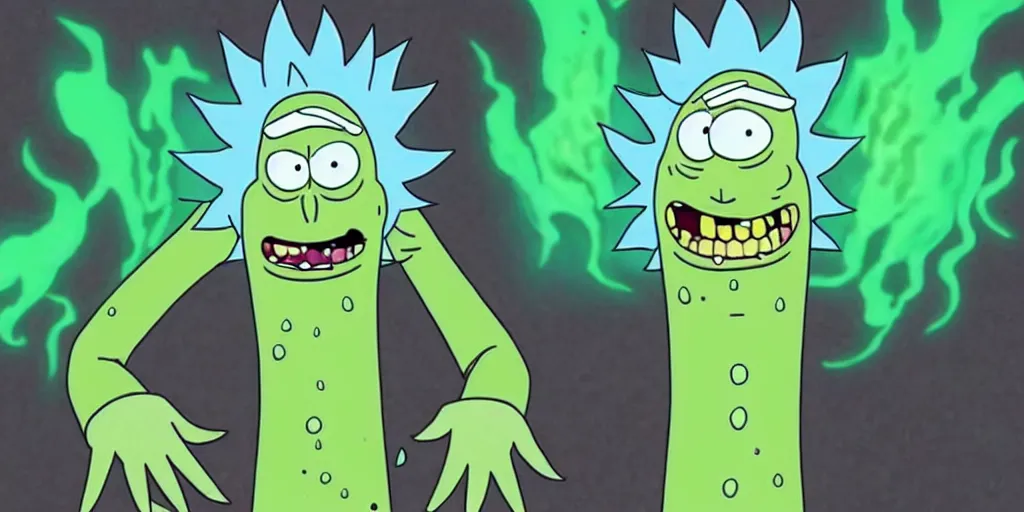 Prompt: Rick Sanchez after transforming into a Pickle Rick, terrified as his new body slowly breaks down into green goo, adult swim cartoon, 2d art