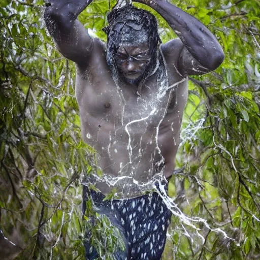 Prompt: The performance art shows a man caught in a storm, buffeted by wind and rain. He clings to a tree for support, but the tree is bent nearly double by the force of the storm. The man's clothing is soaked through and his hair is plastered to his head. His face is contorted with fear and effort. bismuth, deep blue by John Kenn Mortensen fantastic