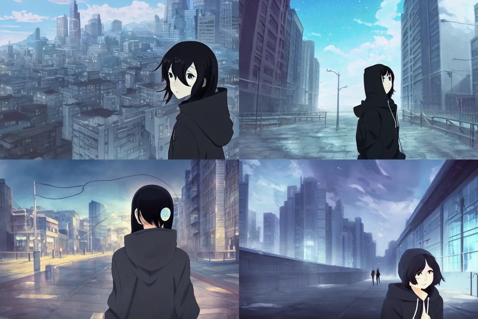 Prompt: infinitely detailed black haired girl wearing hoodie, city bright daylight background, anime by shinkai makoto, highly detailed, lonely scenery yet peaceful, atmospheric, ambient lighting