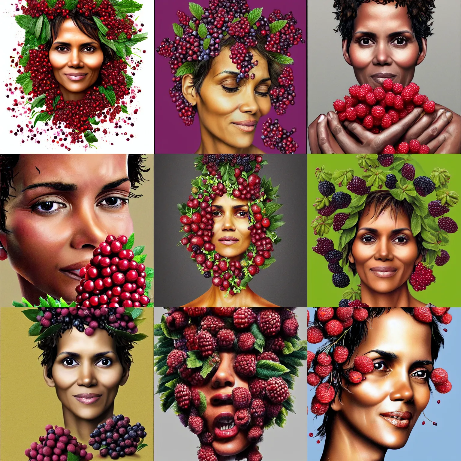 Image similar to a pile of wild berries that looks exactly like halle berry, face made of berries! digital painting by arcimboldo