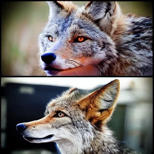 Image similar to “ skinwalker shapeshifter into a coyote in arizona, hyperrealistic ”