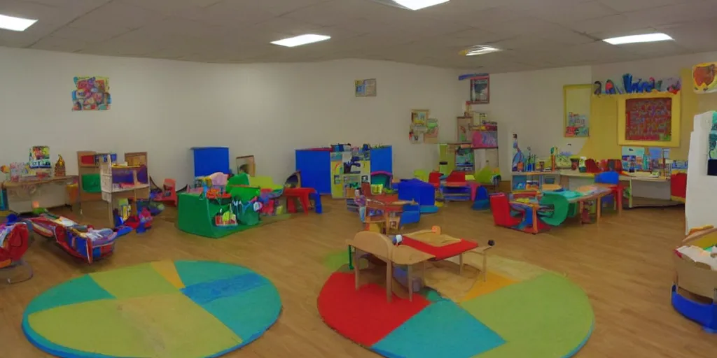 Image similar to childrens daycare indoors limital space, dimly lit, creepy photo