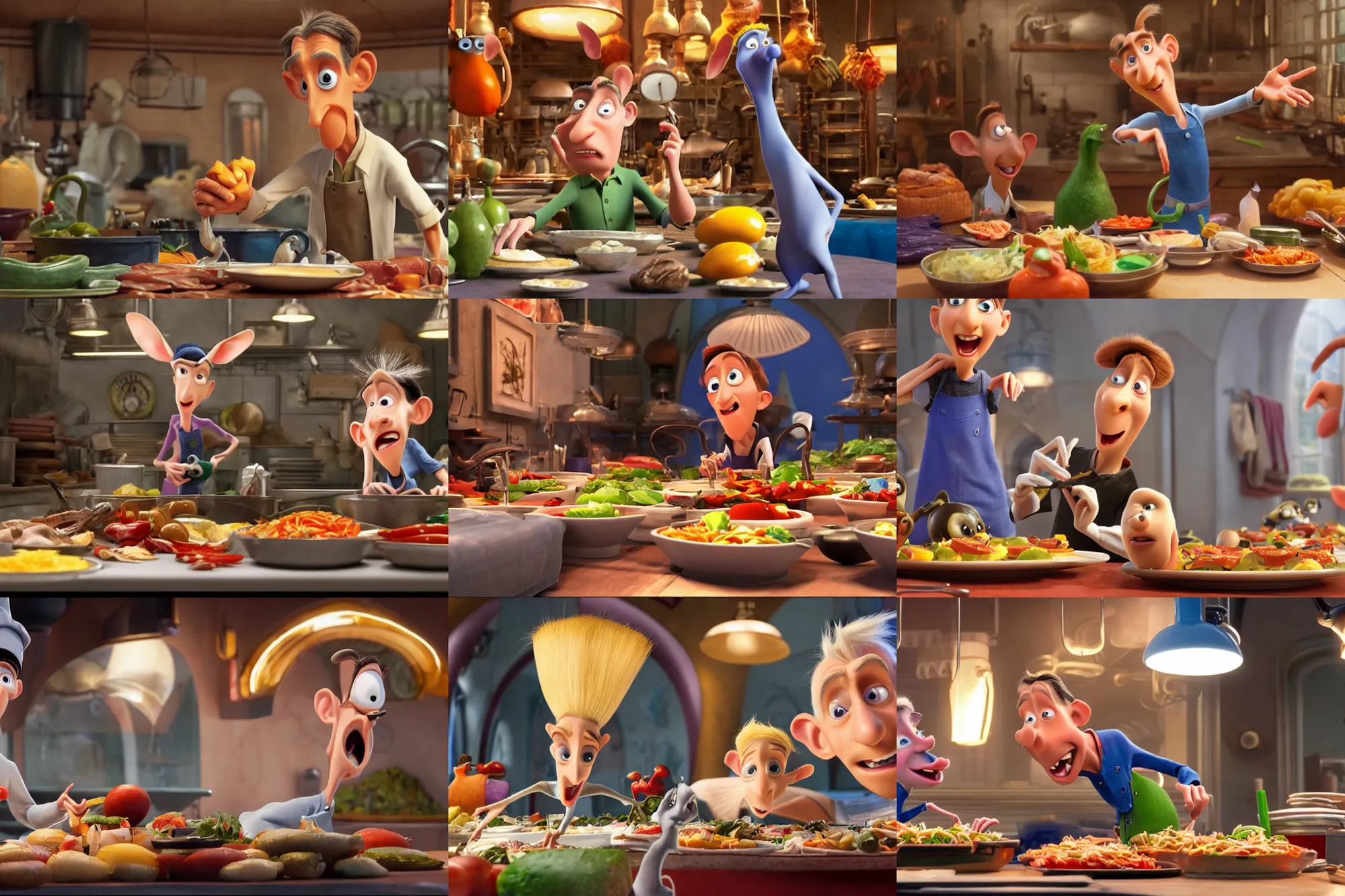 Prompt: a promotional still from the movie ratatouille starring gordon ramsey by pixar. 4 k, very detailed, cartoon carticature, great likeness