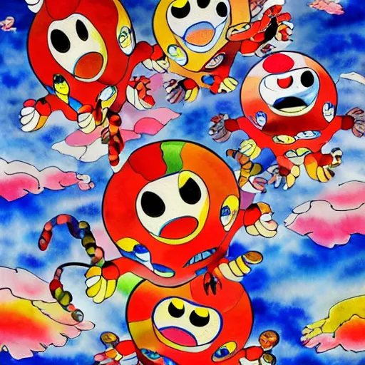 Prompt: Three bright red demons flying up from a desert canyon in the style of Takashi Murakami, highly detailed, watercolor background, Kids See Ghosts