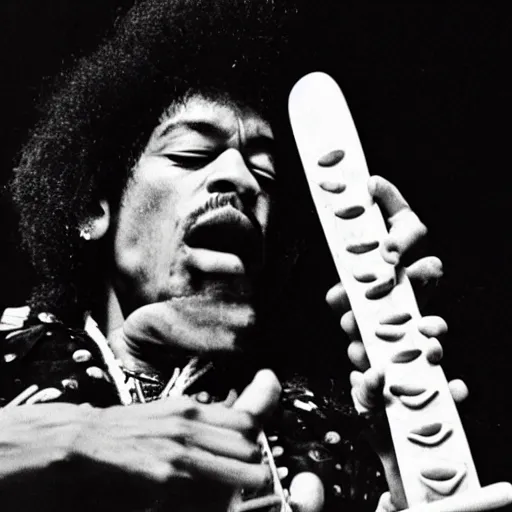 Image similar to Jimi Hendrix playing a hotdog-guitar on stage at the Budokan