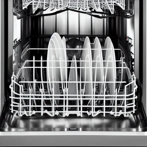 Prompt: open dishwasher with iron skillet inside, high quality 4k resolution