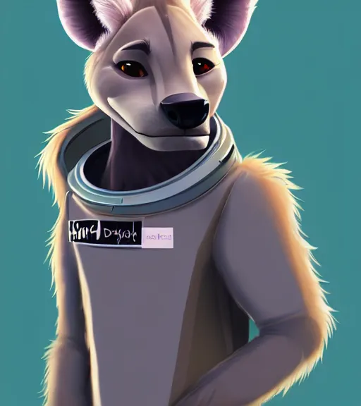 Image similar to digital detailed full body of anthromorphic female hyena, in style of zootopia, fursona, furry, furaffinity, 4 k, deviantart, wearing astronaut outfit, in style of zootopia, floating in space, space background, in deep space, dark background, hyena fursona, cyberpunk, female, stylized face,