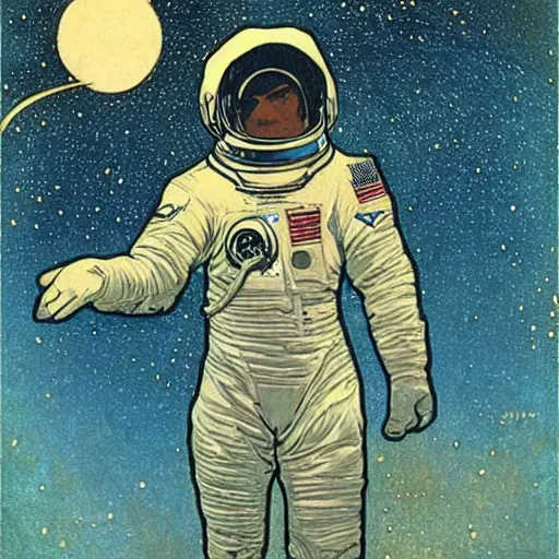 Prompt: astronaut in a teal and gold spacesuit floats in a starfield painted by mucha