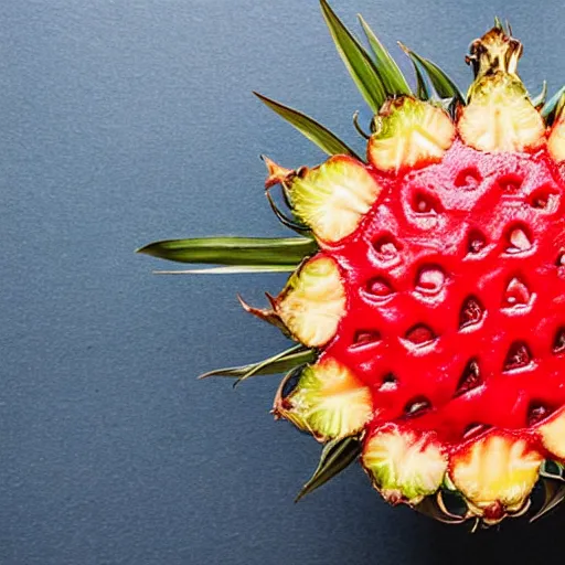 Prompt: A pineapple made of strawberry.