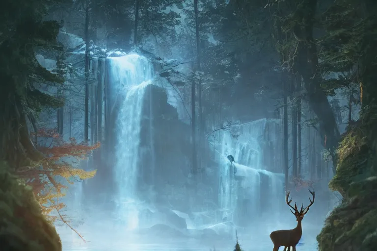 Image similar to deer god with glowing antlers next to lake and waterfall, moonlight, art by artgerm and greg rutkowski, cinematic shot, intricate, photorealistic, artstation, realistic, 1 0 0 mm, photography, octane, high definition, depth of field, bokeh, 8 k