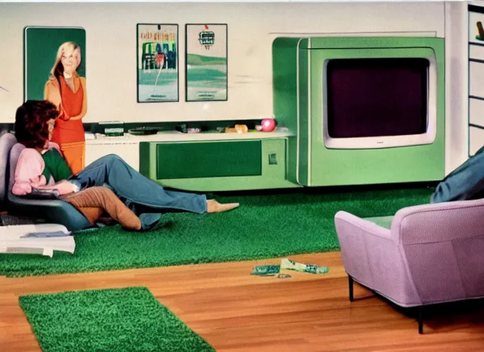 Image similar to 1 9 8 0 s living room with green carpet and a zenith television with atari 2 6 0 0, movie still, 8 k