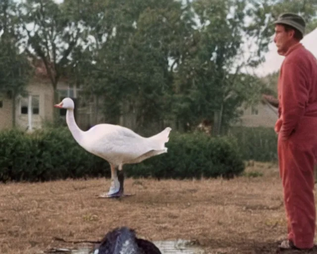 Image similar to a movie still from 'A Goose Set my House on Fire', 40mm tape, technicolour film, goose in foreground!!!!, housefire, letterboxing, widescreen