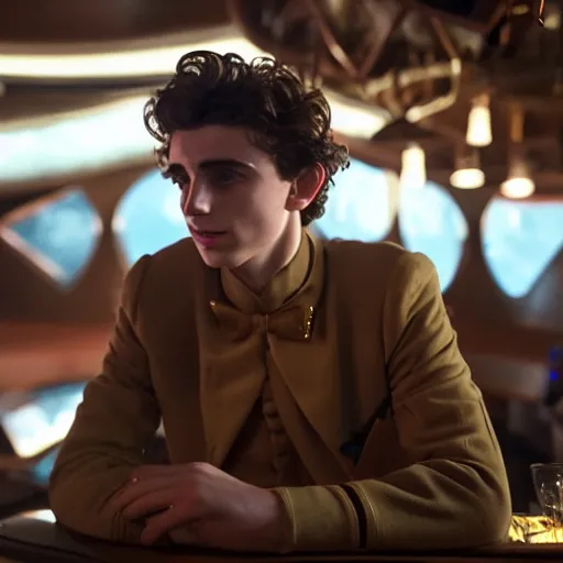 Prompt: timothee chalamet sitting at quark's bar on deep space nine, 3 5 mm photography, highly detailed, cinematic lighting, 4 k