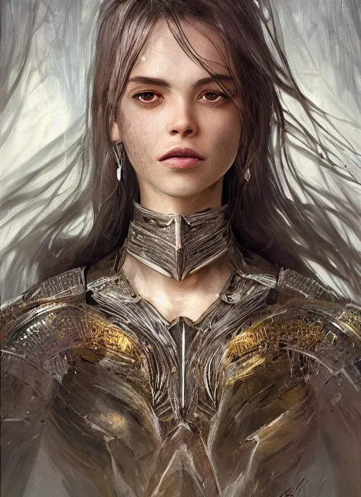 Image similar to a professional portrait of a beautiful young female, clothed in ethereal battle armor, olive skin, long dark hair, beautiful bone structure, symmetrical facial features, intricate, elegant, digital painting, concept art, smooth, sharp focus, finely detailed, illustration, from Valerian and the City of a Thousand Planets, in the style of Ruan Jia and Mandy Jurgens and Artgerm and Greg Rutkowski and William-Adolphe Bouguerea