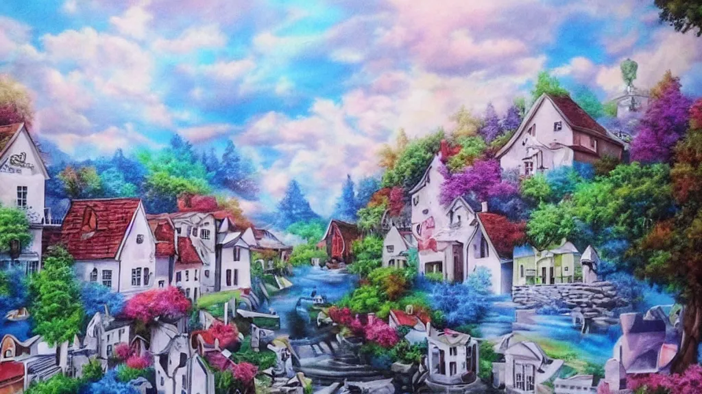 Image similar to airbrush art derivative the very crispest, neatest village