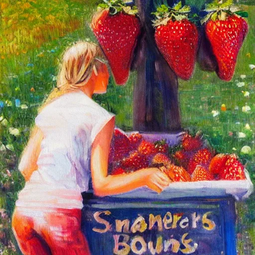 Image similar to Cute Blonde Girl 21 years old with locks sells Strawberries in a fruit stand, oil on canvas, Impressionism