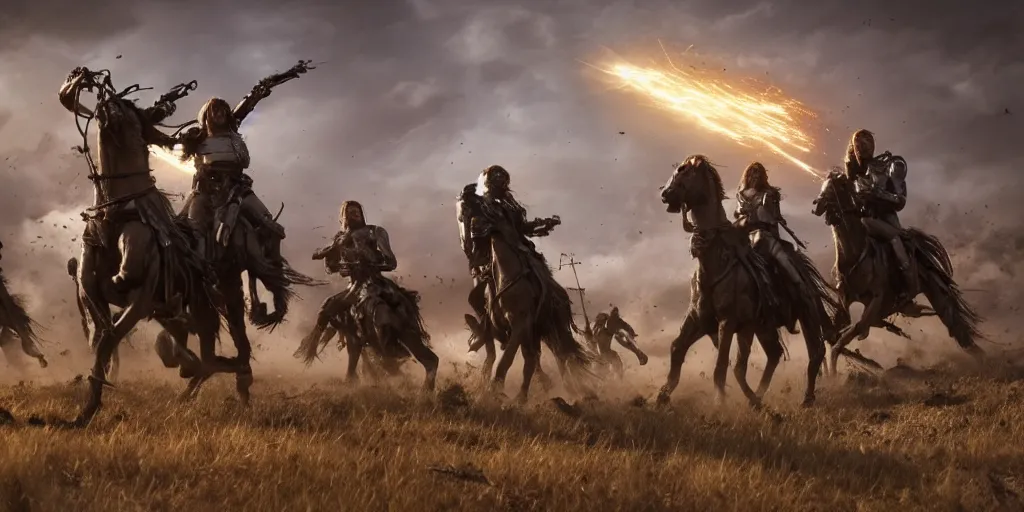 Image similar to a promotional movie still from terminator ( t 2 ) depicting the battle of the little bighorn. majestic horses, action scene, an epic fantasy, dramatic lighting, cinematic, extremely high detail, photorealistic, cinematic lighting, maxwell boas jessica rossier christian dimitrov anton fadeev trending on artstation cgsociety rendered in unreal engine 4 k hq
