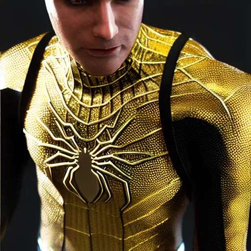 Image similar to gold spider - man suit with black web lining, cinematic, volumetric lighting, realistic, hyperdetailed, photorealistic, photograph