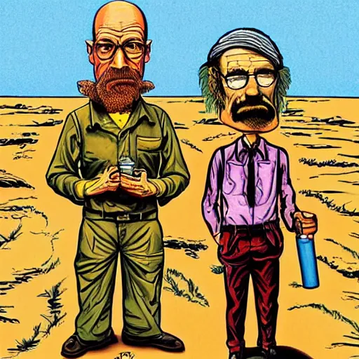 Prompt: The Artwork of R. Crumb and his Cheap Suit Breaking-Bad-Walter-White meth-lab, pencil and colored marker artwork, trailer-trash lifestyle