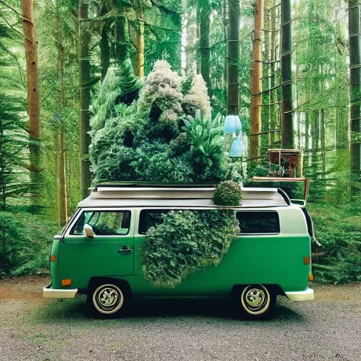 Image similar to a 1 9 8 0 s volkswagon camper van in a forest of towering evergreen trees, in the style of studio ghibli