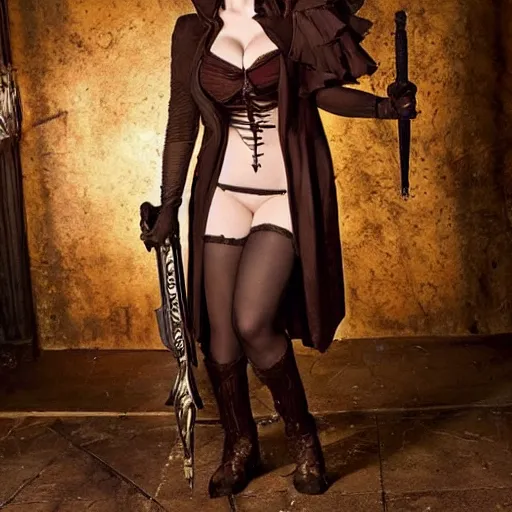 Image similar to full body photo of christina hendricks as a vampire warrior with weapons