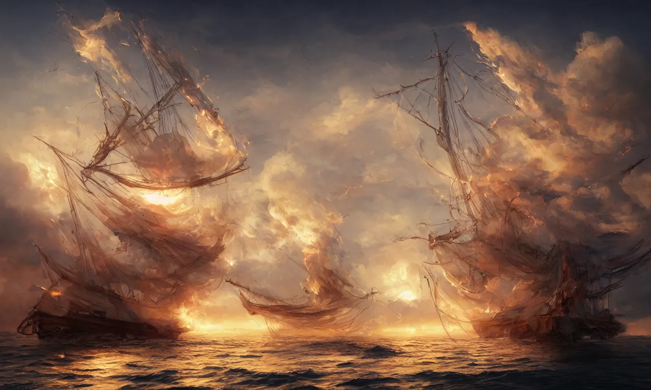 Prompt: a beautiful digital painting of a white caravel on fire flying in the clouds, birds and embers in the sunlight, numerous burning ropes and intricated sails, blue sky at sunset, elegant, highly detailed, artstation, concept art, matte, sharp focus, art by tom bagshaw, kelogsloops and greg rutkowski