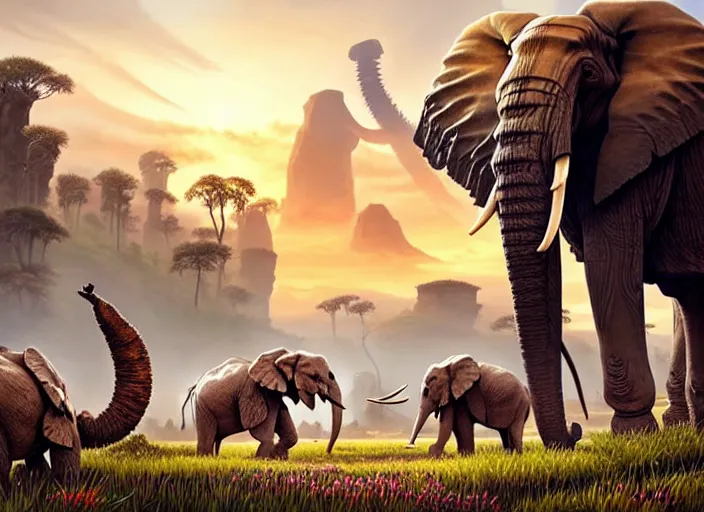 Image similar to symmetry!! landscape portrait of a herd of hybrid robot mammoth elephant with big tusk, floral! horizon zero dawn machine, intricate, elegant, highly detailed, digital painting, ancient ruins background, sunrise, background atmospheric lighting, ray tracing, artstation, concept art, smooth, sharp focus, illustration, art by artgerm and greg rutkowski 8 k