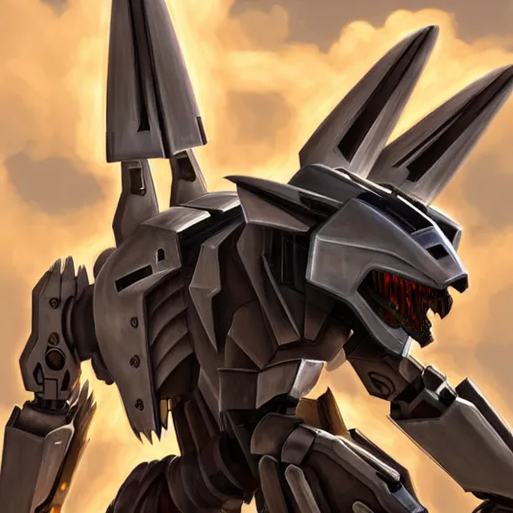 Image similar to hyper realistic, epic, highly detailed cinematic full body shot of a gigantic feral mecha canine, sharp metal claws, cannon mounted on back, sleek armor, glowing visor, destroying city, digital art, furry art, dragon art, zoids art, furaffinity, deviantart, sofurry